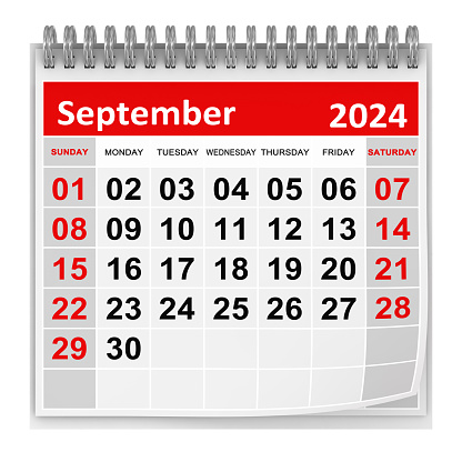 Calendar - September 2024 , This is a 3d rendered computer generated image. Isolated on white.