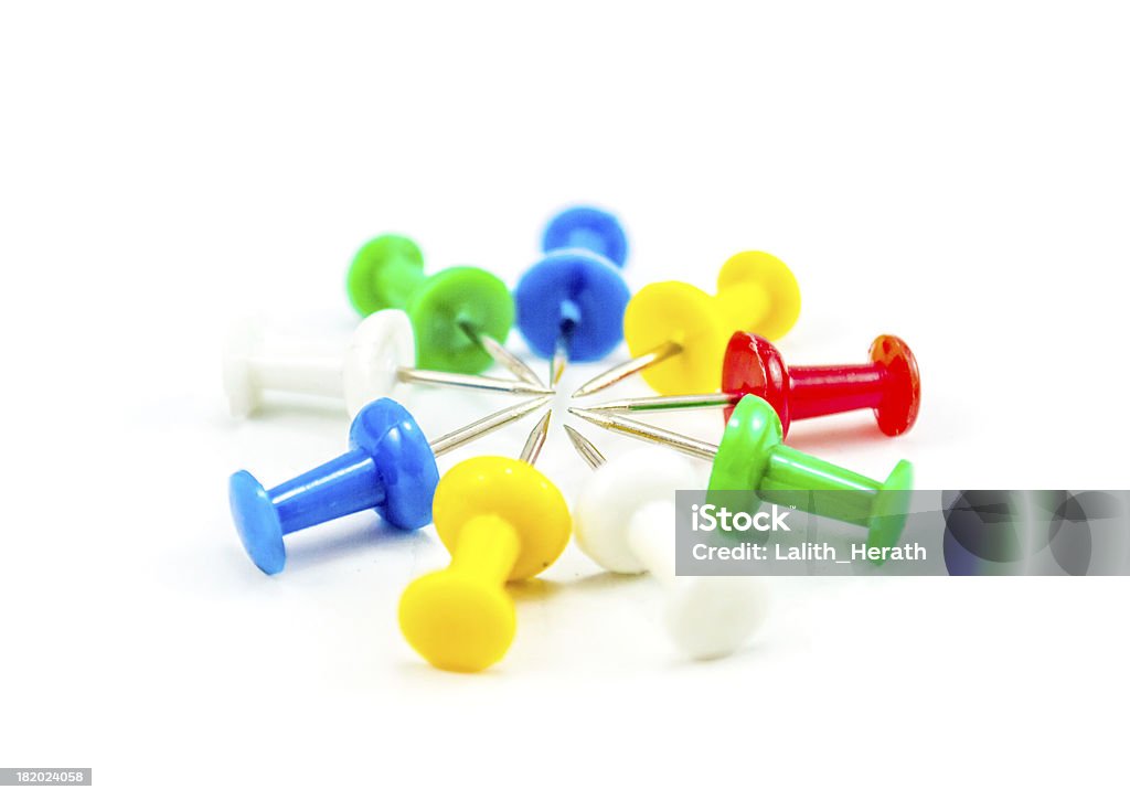 Thumbtack, paper pins circle Thumbtack, paper pins in an isolated white background Attached Stock Photo
