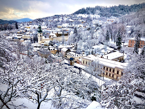 Castle and historical buildings in town Banska Stiavnica druing Winter