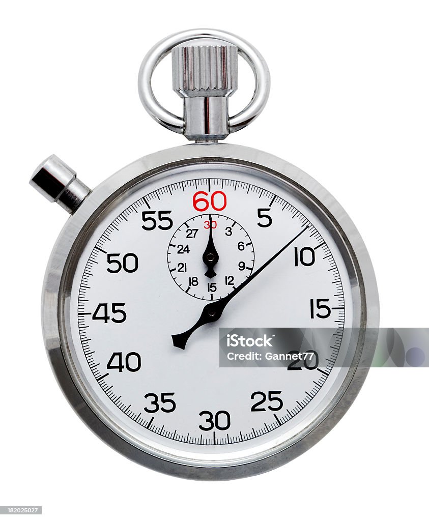 A silver stopwatch isolated on a white background Photograph of a stopwatch, isolated on white. Stopwatch Stock Photo