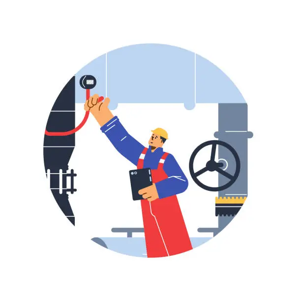Vector illustration of Engineer inspecting, control and adjust boiler equipment.