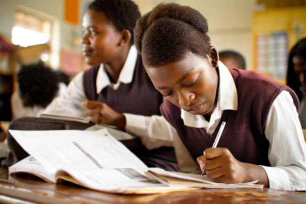 Retrato del sur de las niñas africanas estudiando en un campo con montaje tipo aula - foto de stock