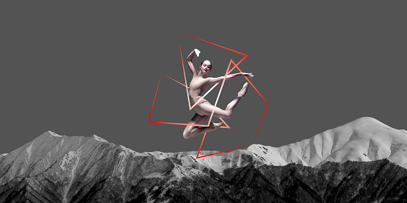 Artistic, talented young woman, ballerina dancing over monochrome mountains with abstract design elements. Contemporary art collage. Concept of classical dance, abstract art, surrealism, creativity