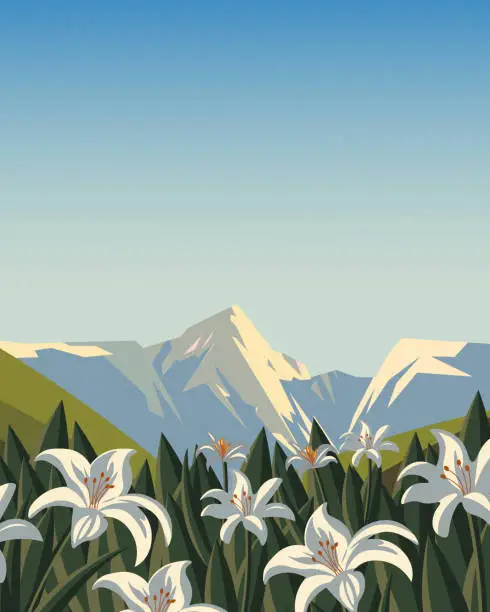Vector illustration of Liliy Valley, Mountains, travel poster, postcard, travel card