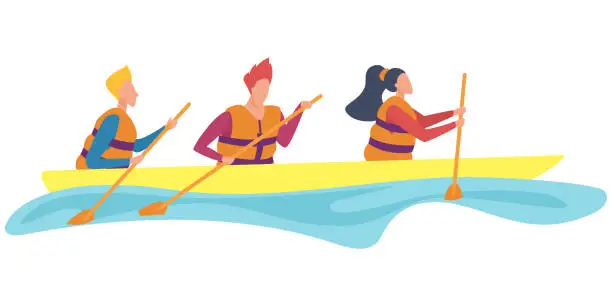 Vector illustration of Team of people in life vests floating in kayak, kayaking water sport