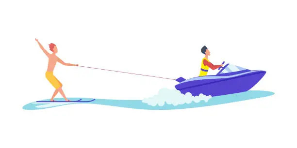 Vector illustration of Young man enjoying water skiing in sea or ocean wave, standing on waterski