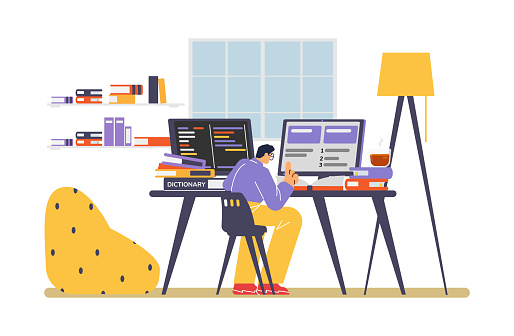 Computer Translator Cartoon Smart Man Translator Working With Computer And Many Books Flat Style ...