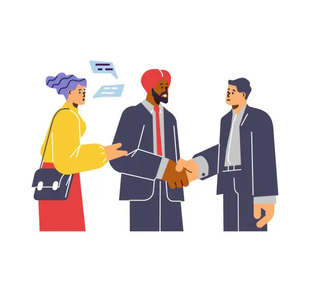 Vector illustration of Young woman translator working with men shaking hands flat style