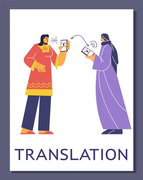 Vector illustration of Women communicate using a translator app, vector on white, flat cartoon