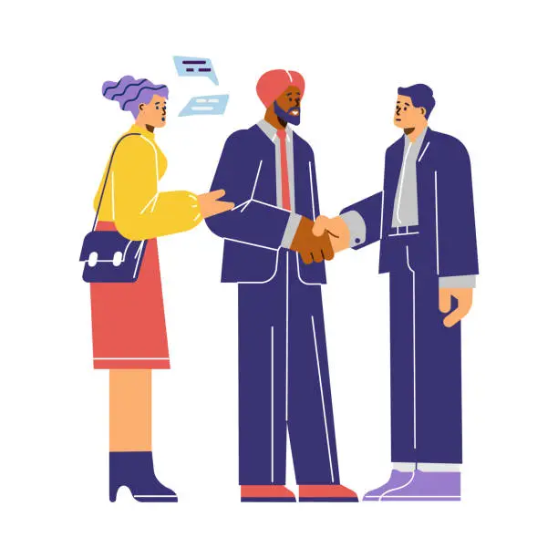 Vector illustration of Business meeting and female translator, vector on white, flat cartoon