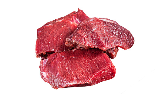 Raw Venison dear meat on butcher cutting board, game meat. Isolated, white background