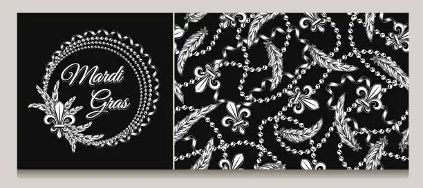 Vector illustration of Set of pattern, circular frame with strings of beads, feather, fleur de lis sign, text. Vector illustration for Mardi Gras carnival. For prints, clothing, t shirt, holiday goods, stuff, surface design