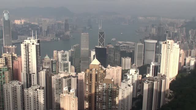 Hong Kong Skyline, Full HD Video, Panning, Victoria's Peak,Victoria Harbour, China, East Asia, Fog Weather, High Angle View, South China Sea