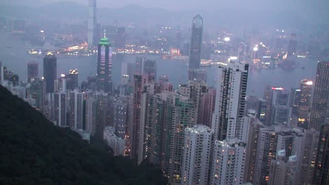 Hong Kong Skyscrapers, Full HD Video, Panning, Victoria's Peak,Victoria Harbour, China, East Asia, Fog Weather, High Angle View