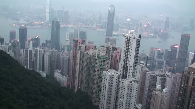 Hong Kong Skyscrapers Video, Panning, Victoria'S Peak,Victoria Harbour, China, East Asia, Fog Weather, High Angle View