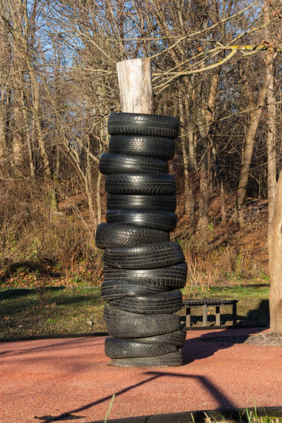 Tires from car wheels are like a punching bag on the training ground stock photo