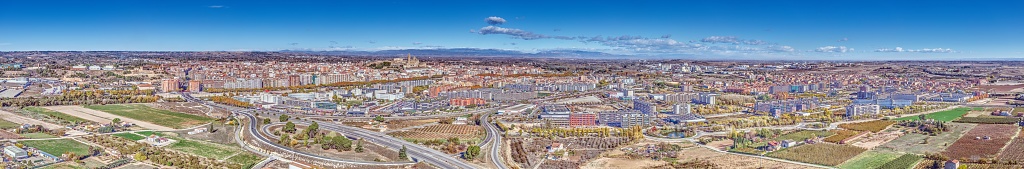 Drone panorama over the historic city of Lleida in Spain during the day in sunshine