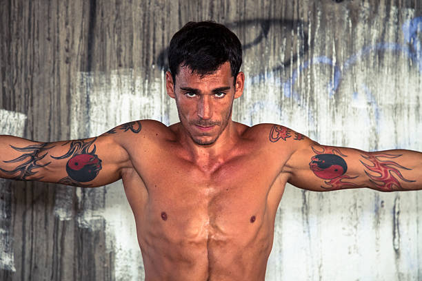 istock Muscular fighter with tattoos 182026103