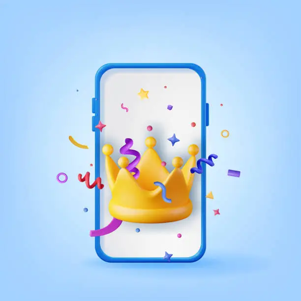Vector illustration of 3D Gold Crown Icon and Confetti in Smartphone