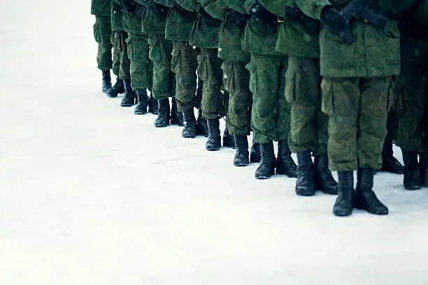Rank of Russian soldiers in winter uniforms.
