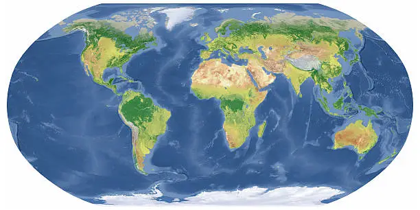 "High quality 3D render, shaded relief map.Natural colors, Robinson projection.Source comes from earthobservatory/nasa. The software to createA!Photoshop CS5"