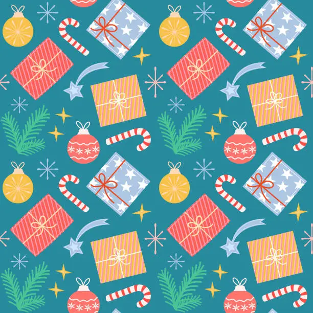 Vector illustration of Seamless vector pattern of Christmas decorations, gift box,  candy, fir tree branch, balls and snowflakes