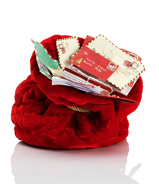 Photo of Red Santa Claus mailbag stuffed with letters