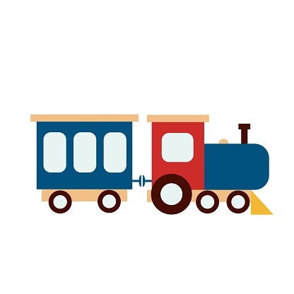 Toy train clip art vector illustration. Steam locomotive with carriage isolated on white background. Railway transport, kid boy game