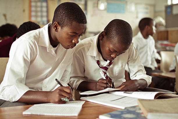 ポートレートの 2 つの男の子勉強南アフリカの田舎にスクール形式 - african descent africa african culture classroom ストックフォトと画像
