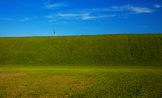 Woman runs uphill on a green meadow and clear blue sky on background
Side view and lots of space around