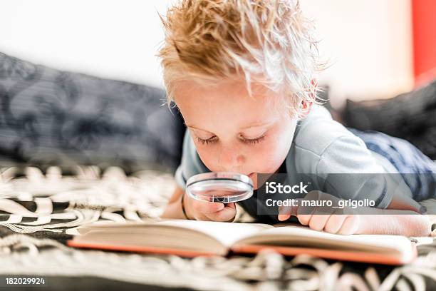 Giovane Ragazzo Leggendo Un Libro - Fotografie stock e altre immagini di 6-7 anni - 6-7 anni, Ambientazione interna, Arredamento