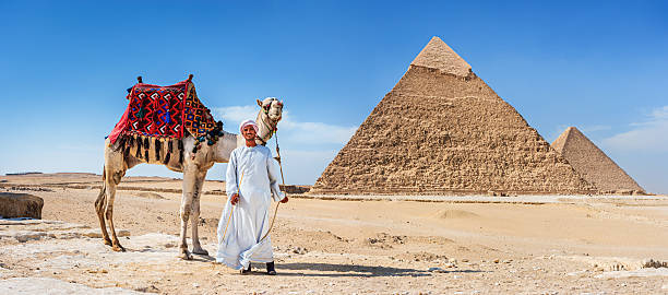 Rearview shot of a group of women riding on camels in a desert