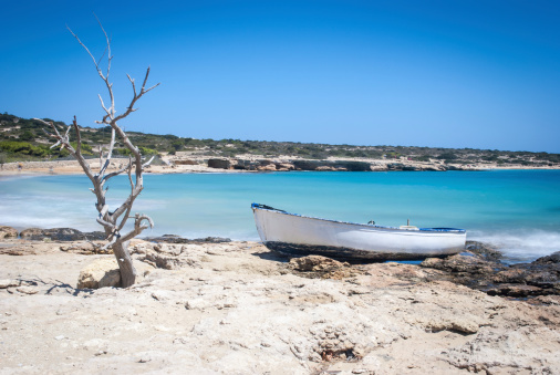 Dry tree and small boat on a great beach of Koufonissi, Cyclades Islands, Greece.