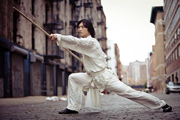 artista marziale kung fu formazione in un vicolo - kung fu foto e immagini stock