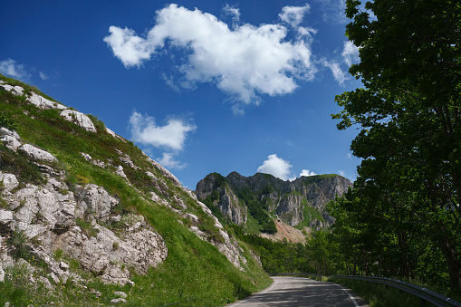 Mountain landscape along the road to Sella di Leonessa, Terminillo, Rieti province, Lazio, Italy, at summer