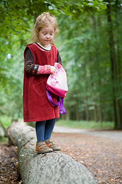 rapariga, cuidadosamente, escalar uma árvore caída - little girls fun lifestyle handcarves imagens e fotografias de stock