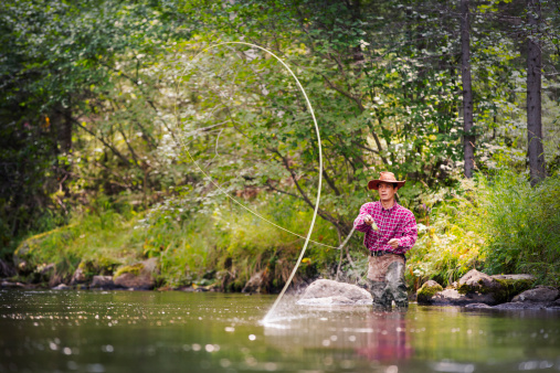 Fly fisherman stands knee deep in river casting his line. Adobe RGB