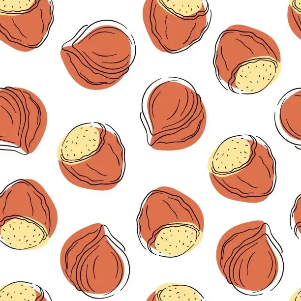 Vector illustration of Hazelnut seamless pattern in line art style. Hand drawn, sketch. Vector illustration on a white background.