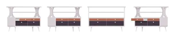 Vector illustration of Drawer small light nightstand with open shelf, flat tabletop set.