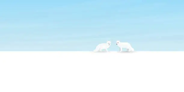 Vector illustration of Arctic Fox family in snowland vector illustration. Snow landscape concept have blank space.