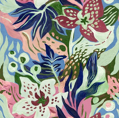 Colored abstract floral seamless pattern with odchids drawn by gouache paints. Artistic botanical elements with bright paint texture on craft paper.