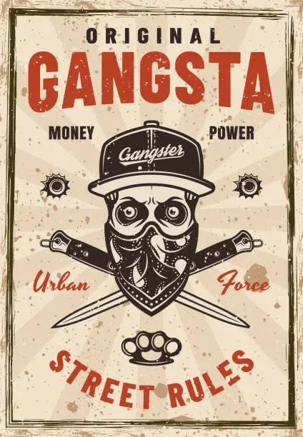 Vector illustration of Gangsta vector poster in vintage style with skull in cap and bandana on face. Illustration on background with grunge textures on separate layers
