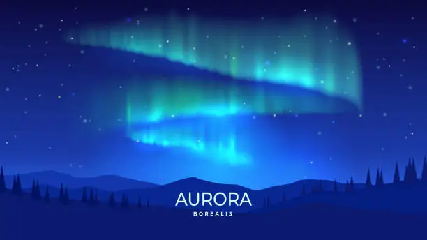 Vector illustration of Aurora borealis. Bright glow in the northern regions.