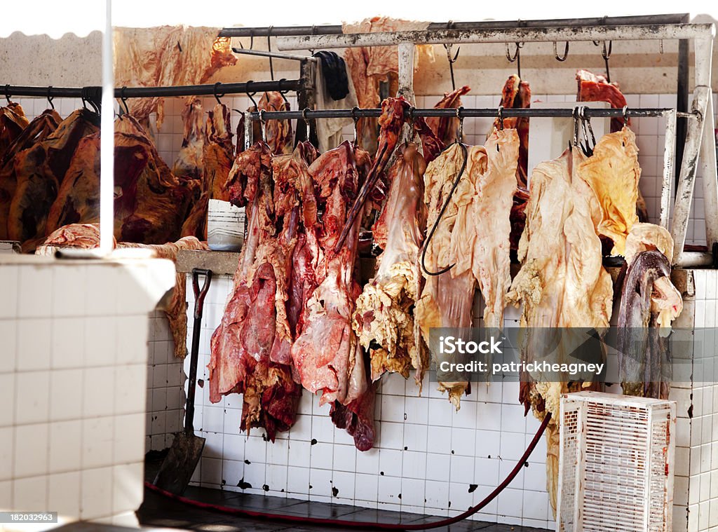 Fresh Meat at a Market Several freshly butchered large cuts of meat hang on hooks at a meat market. Beef Stock Photo