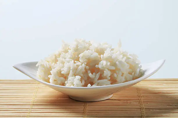 Boiled rice on a tray
