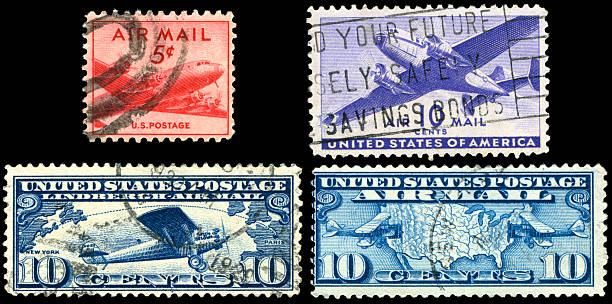 Old US AirMail Stamps Four old US Air Mail Stamps. 1920 1929 stock pictures, royalty-free photos & images