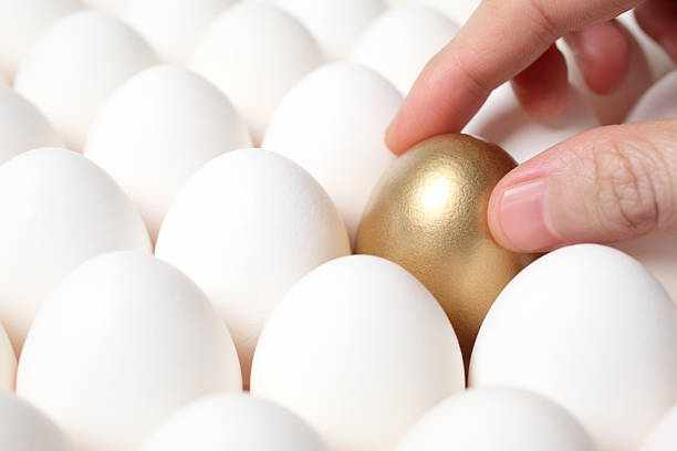 Hand on golden egg in tray