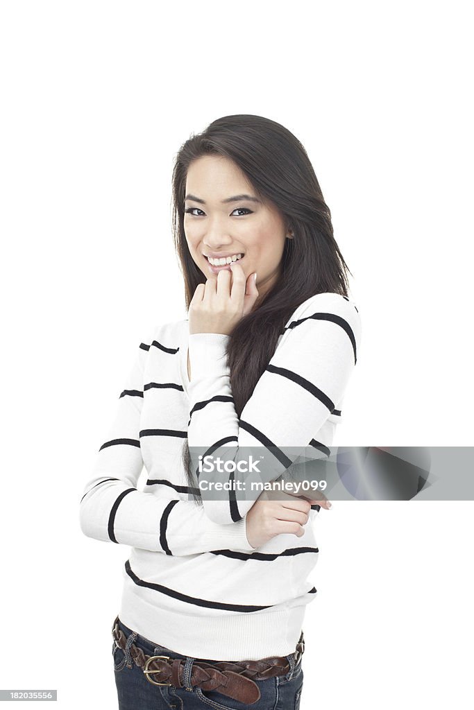 귀여운 아시아판 여자아이 미소 및 물어뜯기 네일 - 로열티 프리 20-29세 스톡 사진