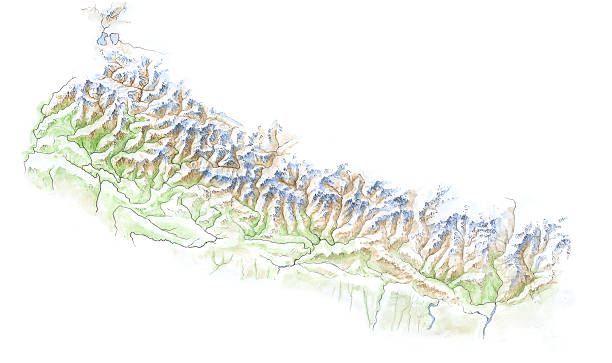 Hand Painted Map - Nepal Hand painted map of Nepal in the Himalayas lumbini nepal stock pictures, royalty-free photos & images