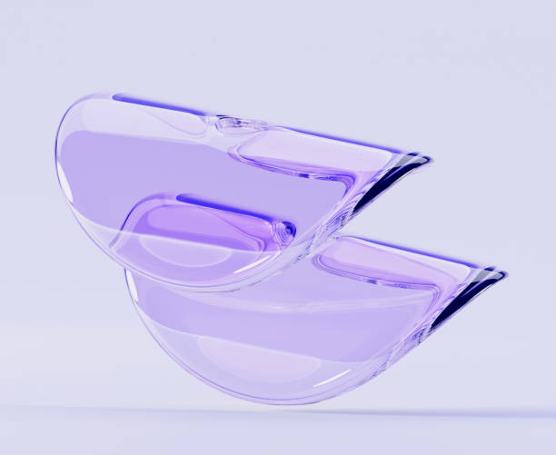 istock Abstract glass geometric figures, glitter crystal curve discs 3d render. Iridescent transparent liquid forms with hologram gradient texture, digital art objects on purple background 1820356956